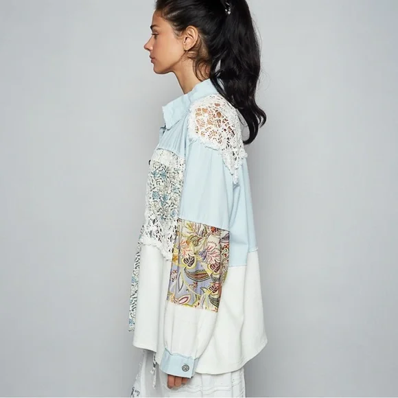 POL Balloon Sleeve Double Gauze Floral Button Front Shirt
